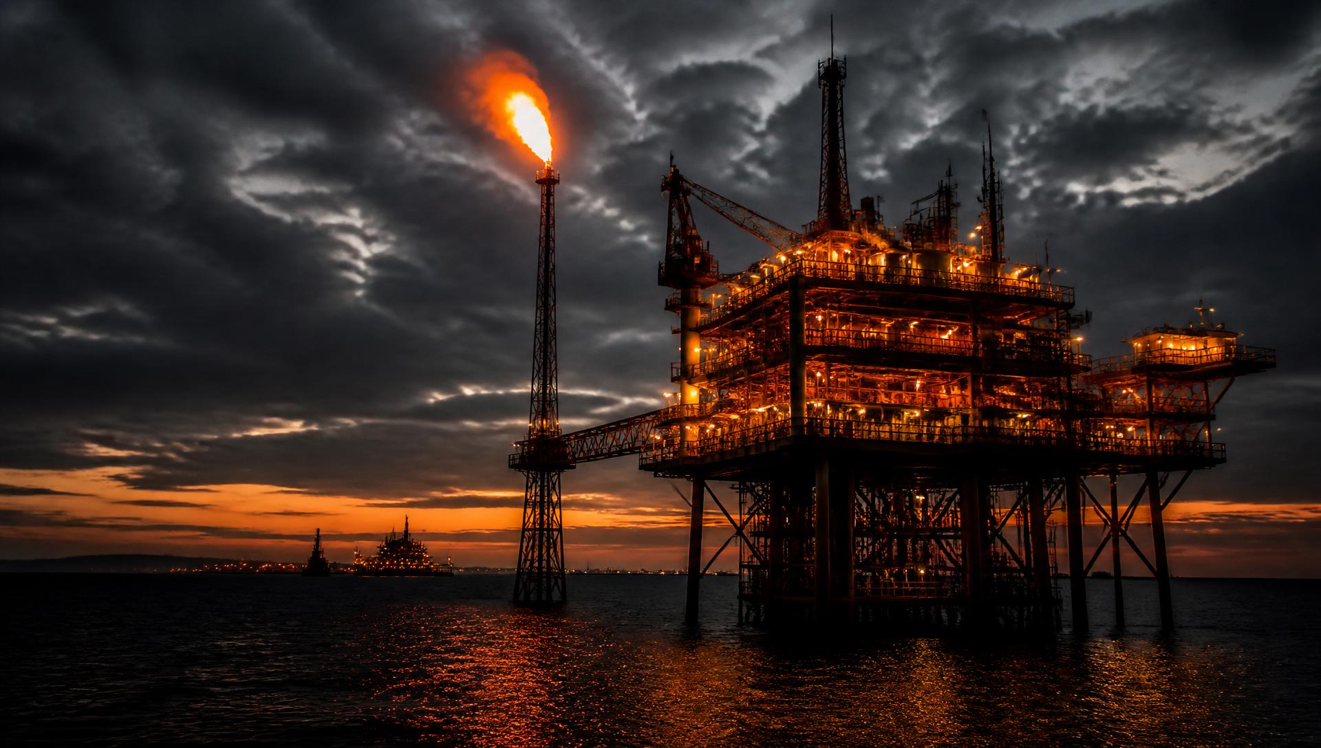 Offshore oil and gas production platform with flare stack at dusk